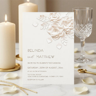 Ivory 3D Flowers Roses Minimalist Wedding  Invitat Invitation