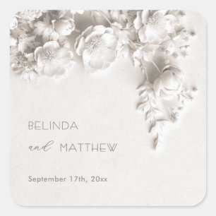 Ivory 3D Flowers Roses Minimalist Wedding Square Sticker