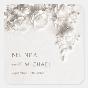 Ivory 3D Flowers Roses Minimalist Wedding  Square Sticker