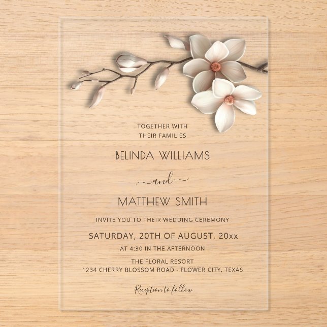 Ivory 3D Magnolia Flower Clear Wedding Acrylic Invitations (Front)