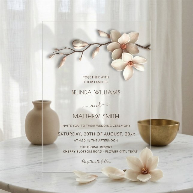 Ivory 3D Magnolia Flower Clear Wedding Acrylic Invitations (Creator Uploaded)