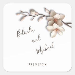 Ivory 3D Magnolia Flowers Wedding Square Sticker