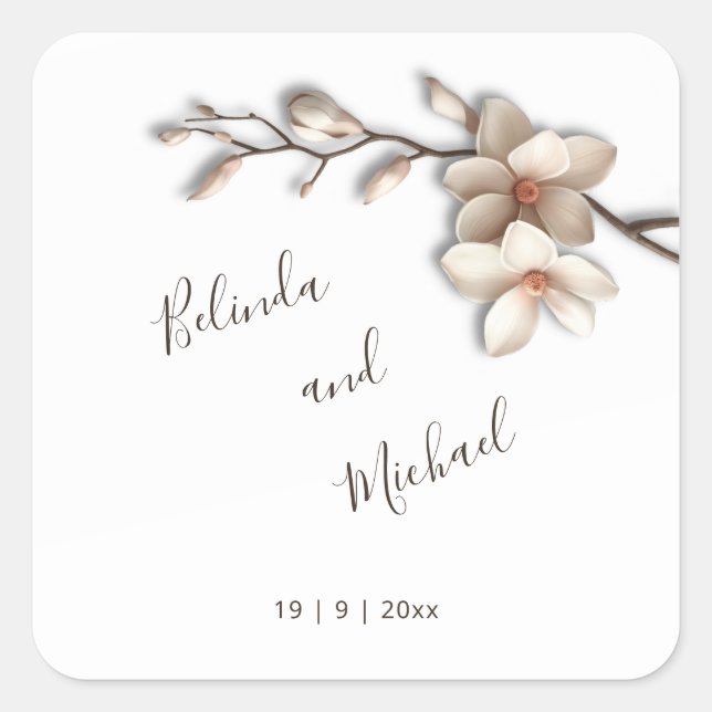 Ivory 3D Magnolia Flowers | Wedding Square Sticker (Front)