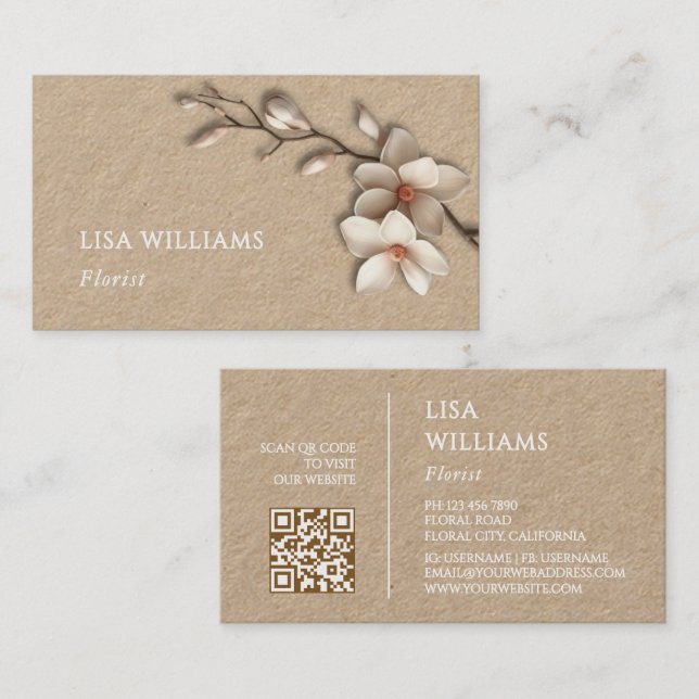 Ivory 3D Magnolia Rustic | QR Code Business Card (Front/Back)