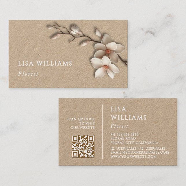 Ivory 3D Magnolia Rustic | QR Code Business Card (Front/Back)