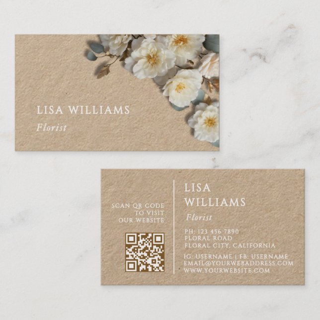 Ivory 3D Roses Rustic  | QR Code Business Card (Front/Back)
