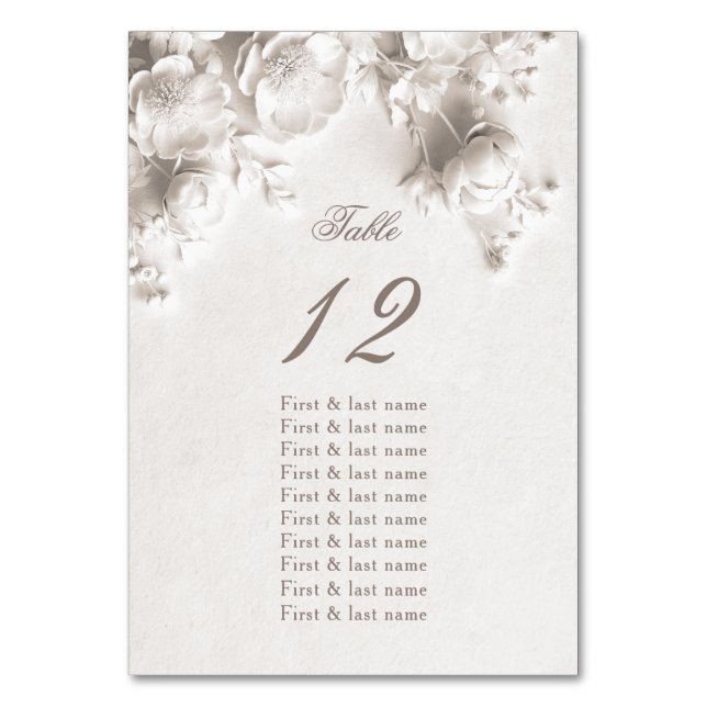 Ivory 3D Roses Wedding Guest Names  Table Number (Front)