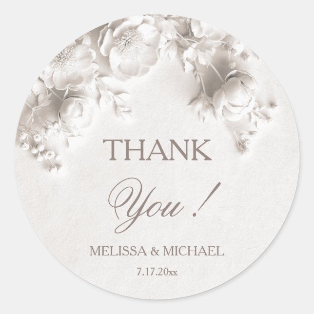Ivory 3D Roses Wedding Thank You Classic Round Sticker (Front)