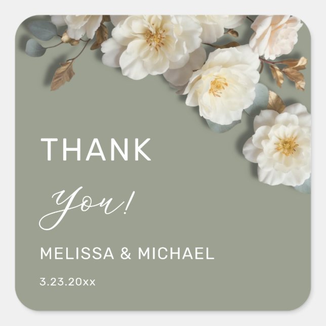 Ivory 3D Roses Wedding Thank You Square Sticker (Front)