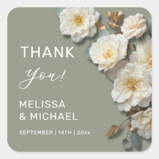 Ivory 3D Roses Wedding Thank You Square Sticker