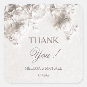 Ivory 3D Roses Wedding Thank You Square Sticker