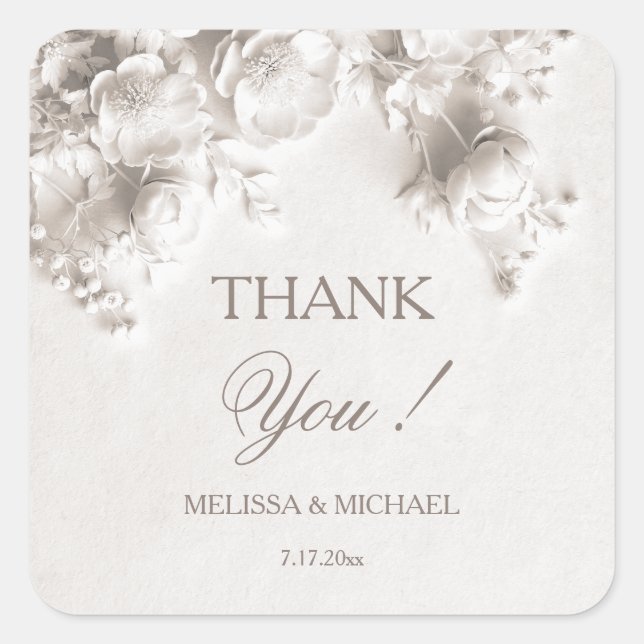 Ivory 3D Roses Wedding Thank You Square Sticker (Front)