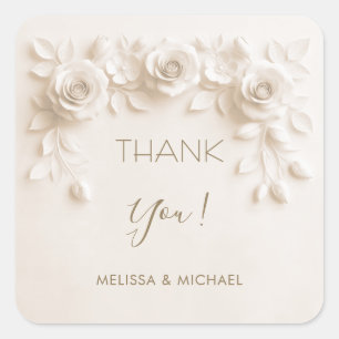 Ivory 3D Roses Wedding Thank You Square Sticker