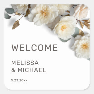 Ivory 3D Roses Wedding Welcome Square Sticker