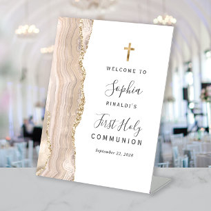 Ivory Agate Gold First Holy Communion Welcome Pedestal Sign