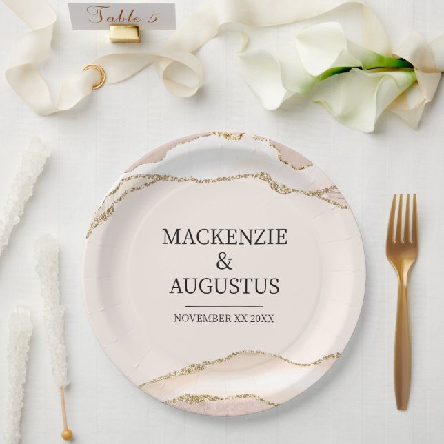 Ivory Agate & Gold Glitter Bride and Groom Wedding Paper Plate (Wedding)