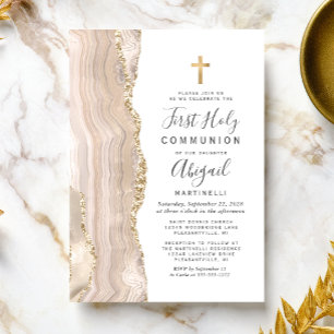  Ivory Agate Gold Glitter First Holy Communion Invitation