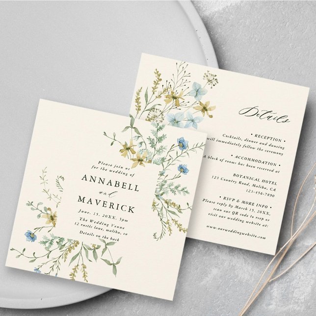Ivory All In One Delicate Wildflower Boho Wedding Invitation (Front & Back)