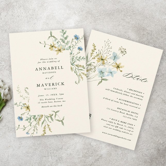 Ivory All In One Delicate Wildflower Wedding Invitation (Front & Back)
