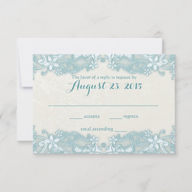 Ivory and Aqua Victorian Floral Lace Response Card (Front)