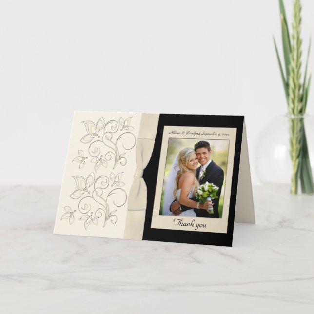 Ivory and Black Floral Photo Thank You Card (Front)