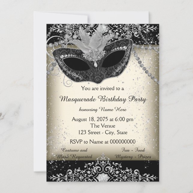 Ivory and Black Pearl Glitter Masquerade Party Invitation (Front)