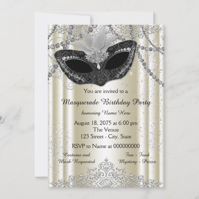 Ivory and Black Pearl Masquerade Party Invitation (Front)