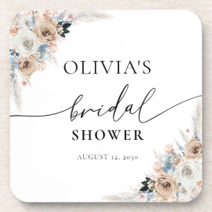 Ivory And Blue Boho Floral  beverage coaster