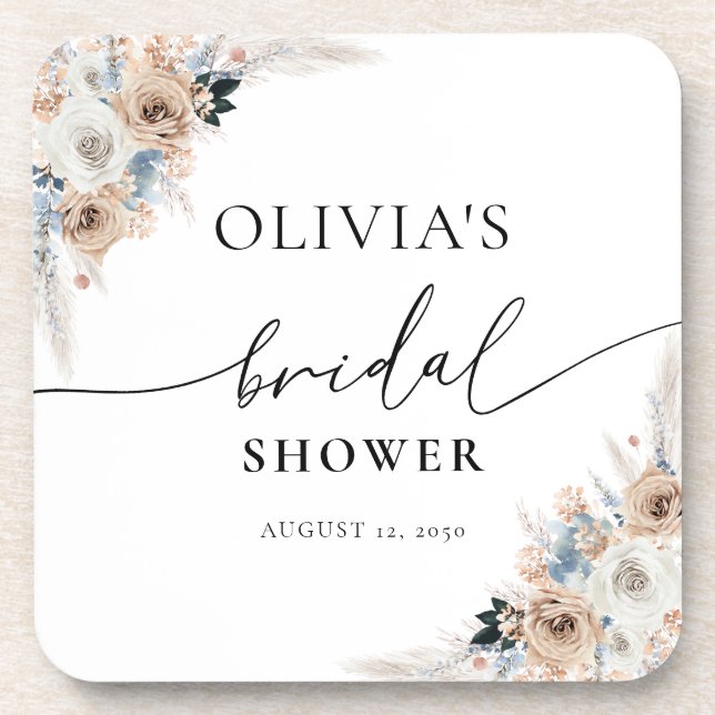 Ivory And Blue Boho Floral  beverage coaster (Front)