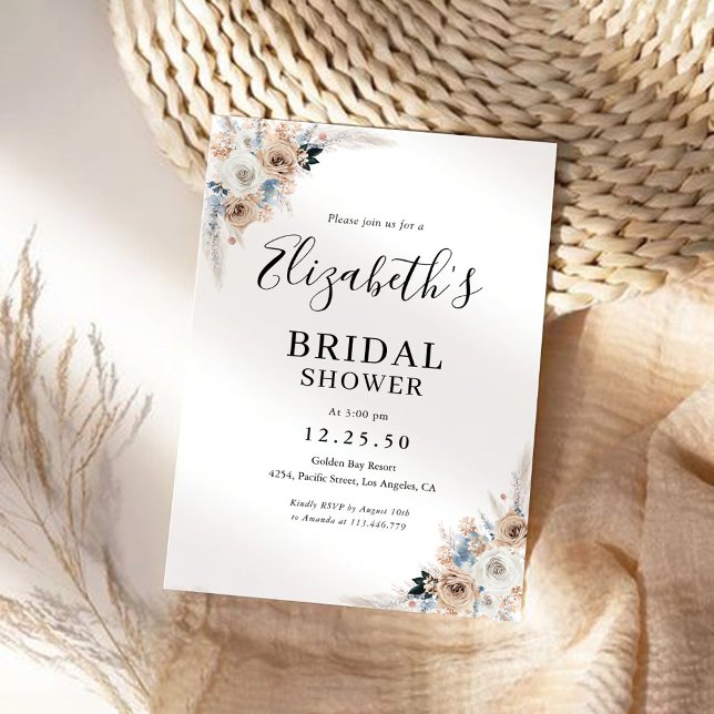 Ivory And Blue Boho Floral Bridal Shower Invitation (Creator Uploaded)