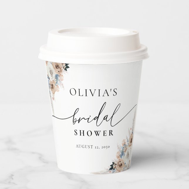 Ivory And Blue Boho Floral Bridal Shower Paper Cup (Front)