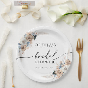 Ivory And Blue Boho Floral Bridal Shower Paper Plate