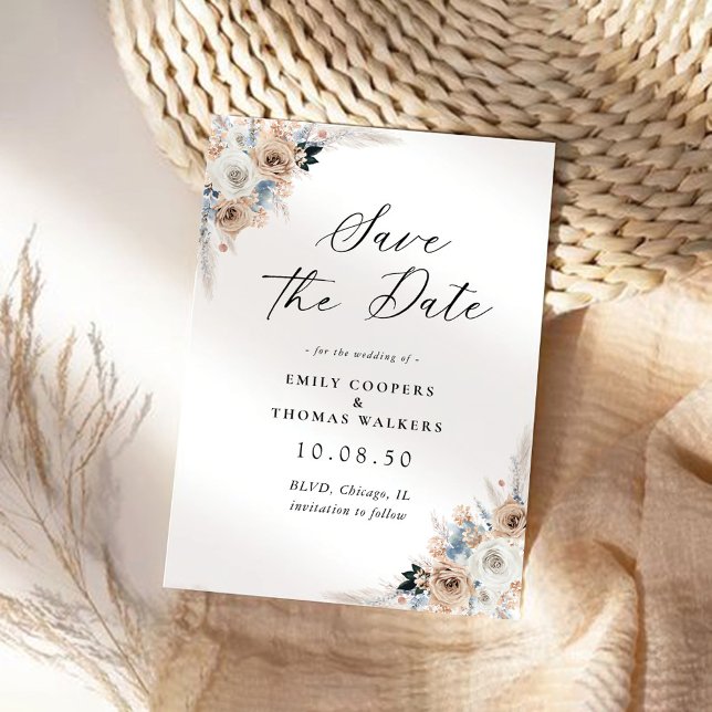 Ivory and Blue Boho Floral Save The Date Card (Creator Uploaded)