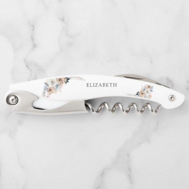 Ivory And Blue Boho Floral Waiter's Corkscrew (Front)