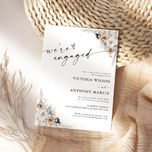 Ivory And Blue Boho Floral We are engaged  Invitation