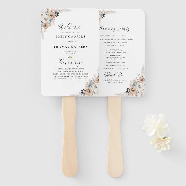 Ivory And Blue Boho Floral Wedding Program Hand Fan (Front and Back)