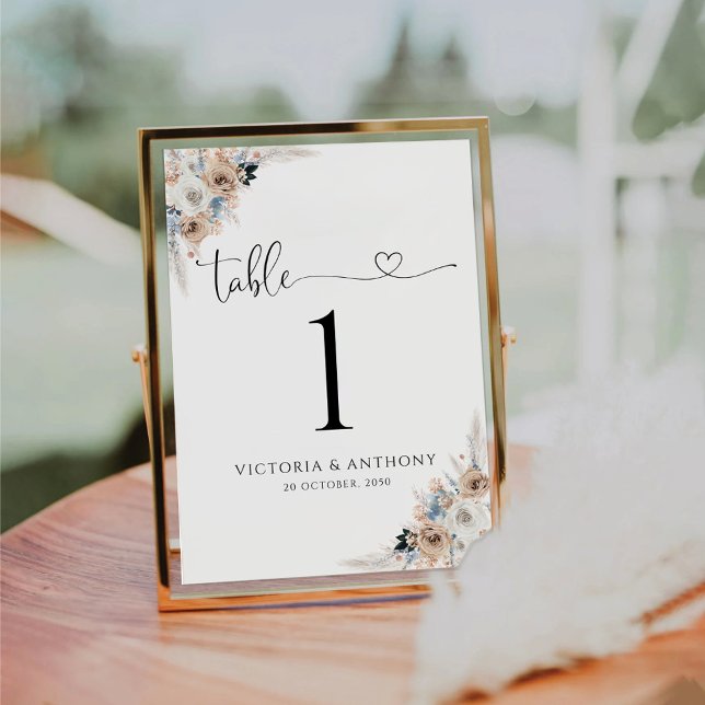Ivory And Blue Boho Floral Wedding Table Numbers (Creator Uploaded)