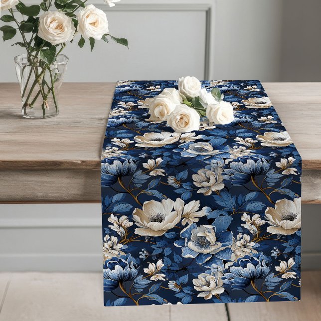 Ivory and Blue Flowers Luxury Table Runner (Ivory and Blue Flowers Luxury Table Runner)