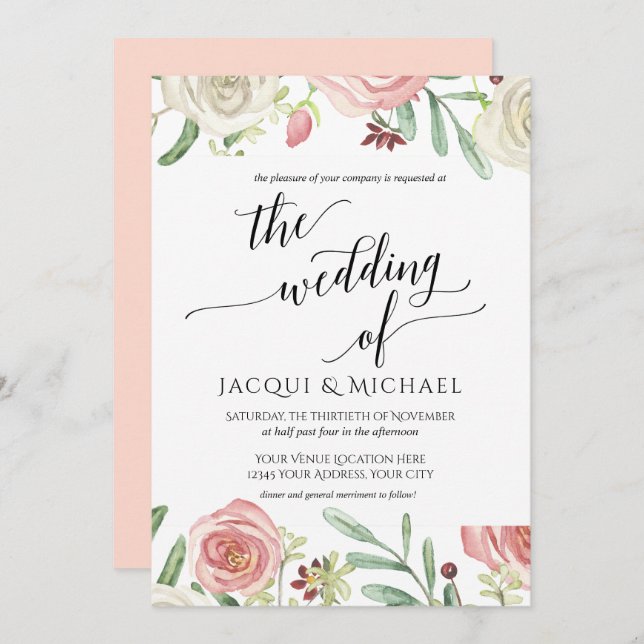 Ivory and Blush Floral Wedding Roses Foliage Leaf Invitation (Front/Back)
