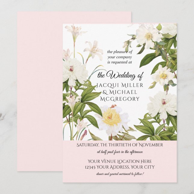 Ivory and Blush Vanilla Rose w Leaf Foliag Wedding Invitation (Front/Back)