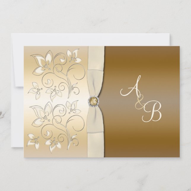 Ivory and Bronze Floral Monogrammed Invitation (Front)