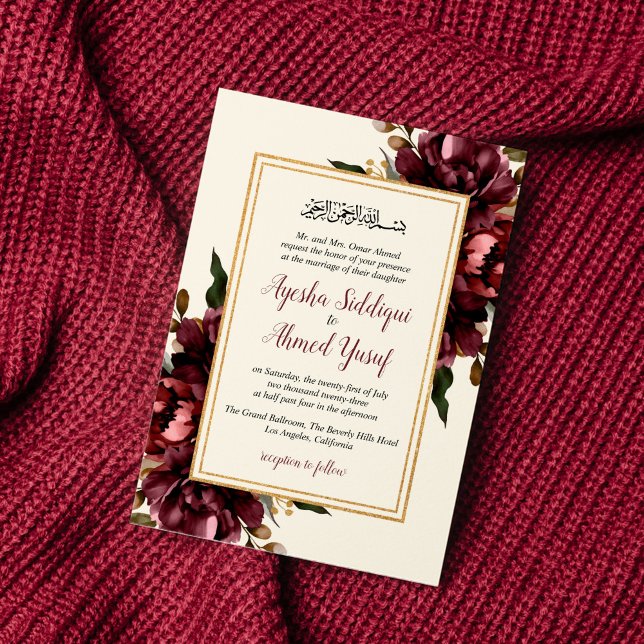 Ivory and Burgundy Floral Muslim Wedding Invitation (Creator Uploaded)