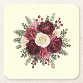 Ivory and Burgundy Floral Wedding Square Paper Coaster