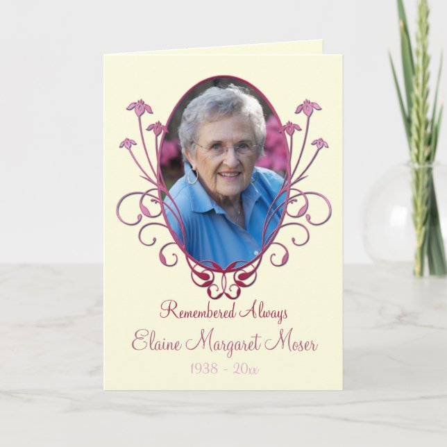 Ivory and Burgundy Memorial Card with Photo (Front)