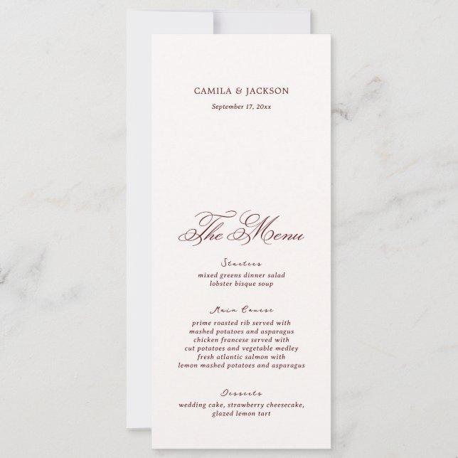 Ivory And Burgundy Wedding Menu Card (Front)