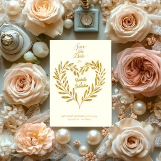 Ivory and Dark Gold Heart Save the Date Wedding Invitation