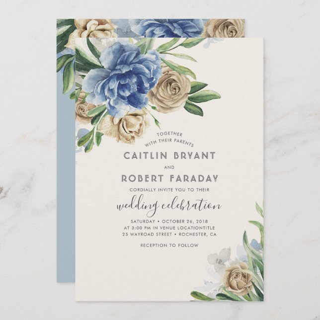 Ivory and Dusty Blue Floral Rustic Country Wedding Invitation (Front/Back)