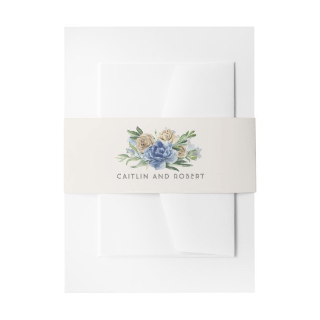 Ivory and Dusty Blue Floral Wedding Invitation Belly Band (Front Example)
