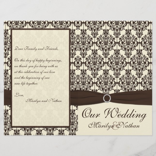 Ivory and Espresso Damask Wedding Program (Front)