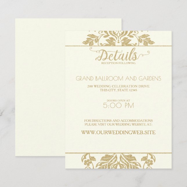 Ivory and Gold Damask Wedding Details Invitation (Front/Back)